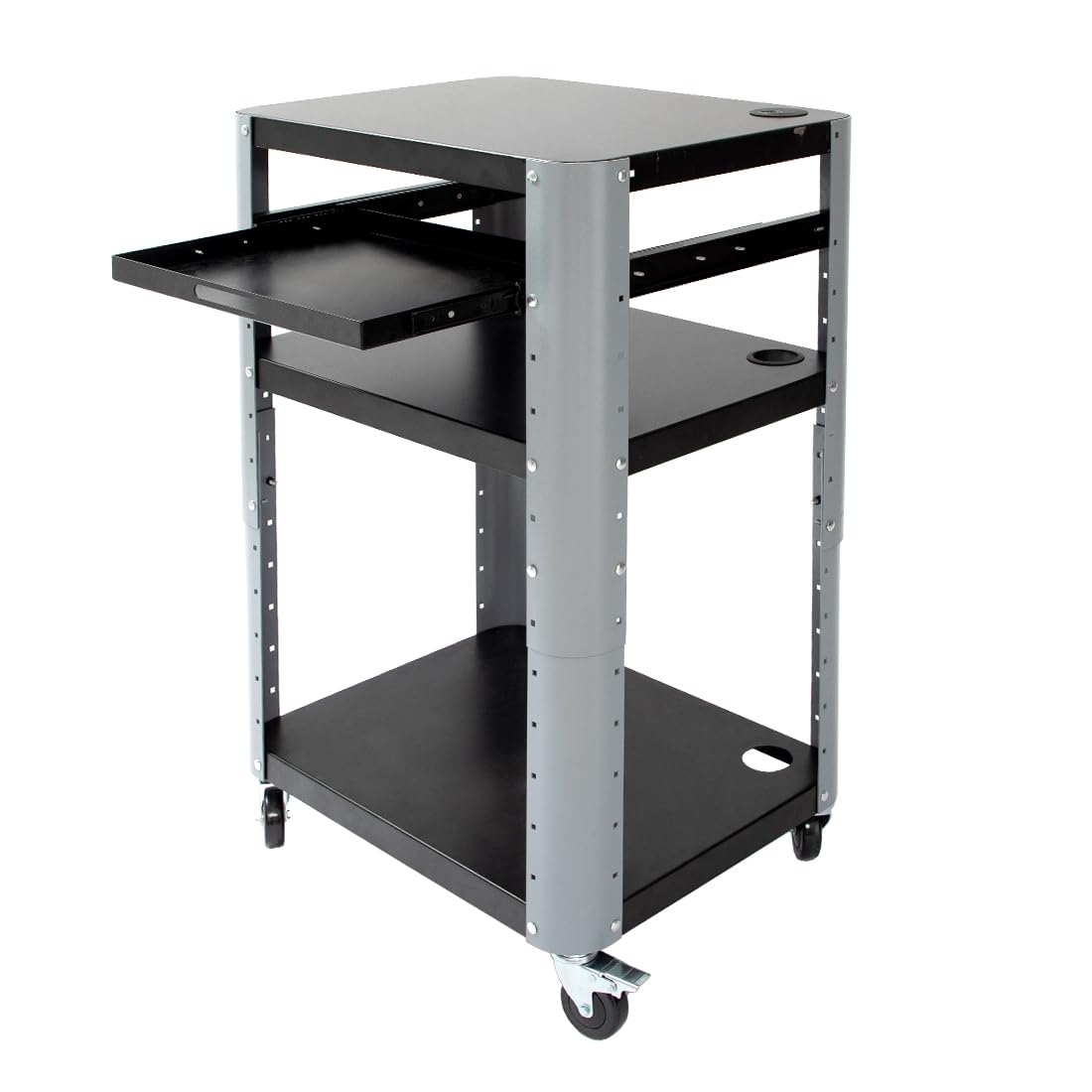 Carrito de 3 niveles con ruedas, estación de trabajo móvil con estantes ajustables en altura y bandeja para teclado extensible, capacidad de carga de hasta 130 kg, diseño desmontable, color