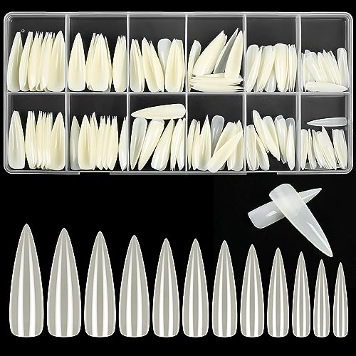 KOXXIAMOQ 240 Pcs Natural Stiletto Fake Nail Tips, No C Curve Soft Gel Full Cover Nail Tips for Extensions Press on Nails