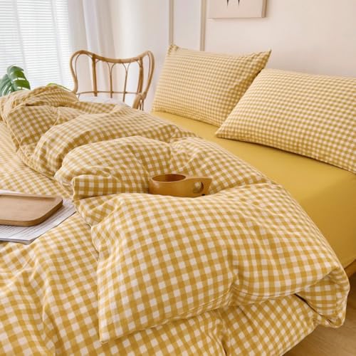 Image of LifeTB Yellow Gingham Comforter King Comforter Set Geometric Checkered Plaid Bedding Comforter with 2 Pillowcases Fluffy Soft Lightweight Bedding Boho Grid Plaid Comforter Set King for All Seasons