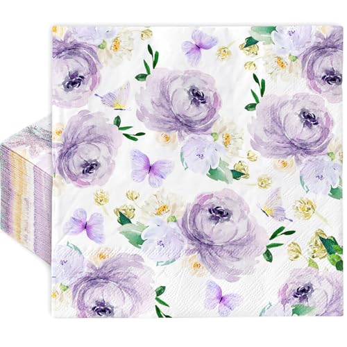 AnyDesign 80 Pack Floral Luncheon Napkins Disposable Watercolor Purple Flower Butterfly Paper Napkin Decorative Dessert Dinner Hand Napkin for Wedding Spring Party Supplies