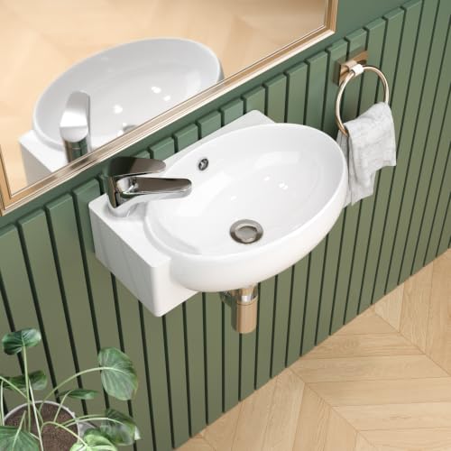 Image of Sarlai Wall Hung Ceramic Bathroom Sink, White Wash Basin 42x28x12.5cm