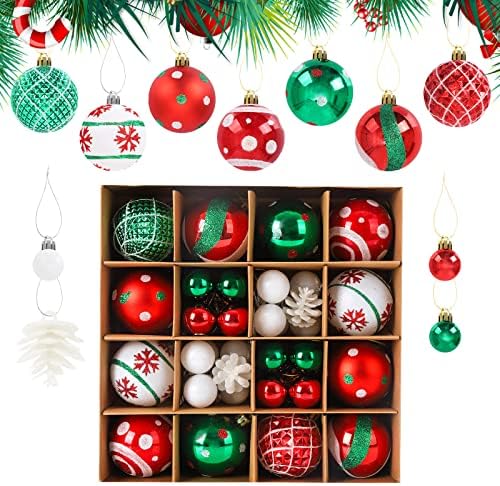 42 Pcs Christmas Ball Ornaments, Hanging Christmas Baubles Balls Ornaments Set, Christmas Tree Decoration Set, Delicate Xmas Theme Painting & Glittering Christmas Tree Pendants Decorative Red-Green