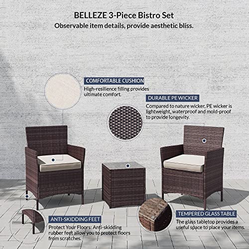 Belleze 3 Piece Patio Furniture Outdoor Wicker Rattan Outdoor Patio Set Clearancetempered Glass Square Bistro Table Chairs With Armrests Removable Cushions Table For Porch Lawn Garden Backyard-Brown #TOP3