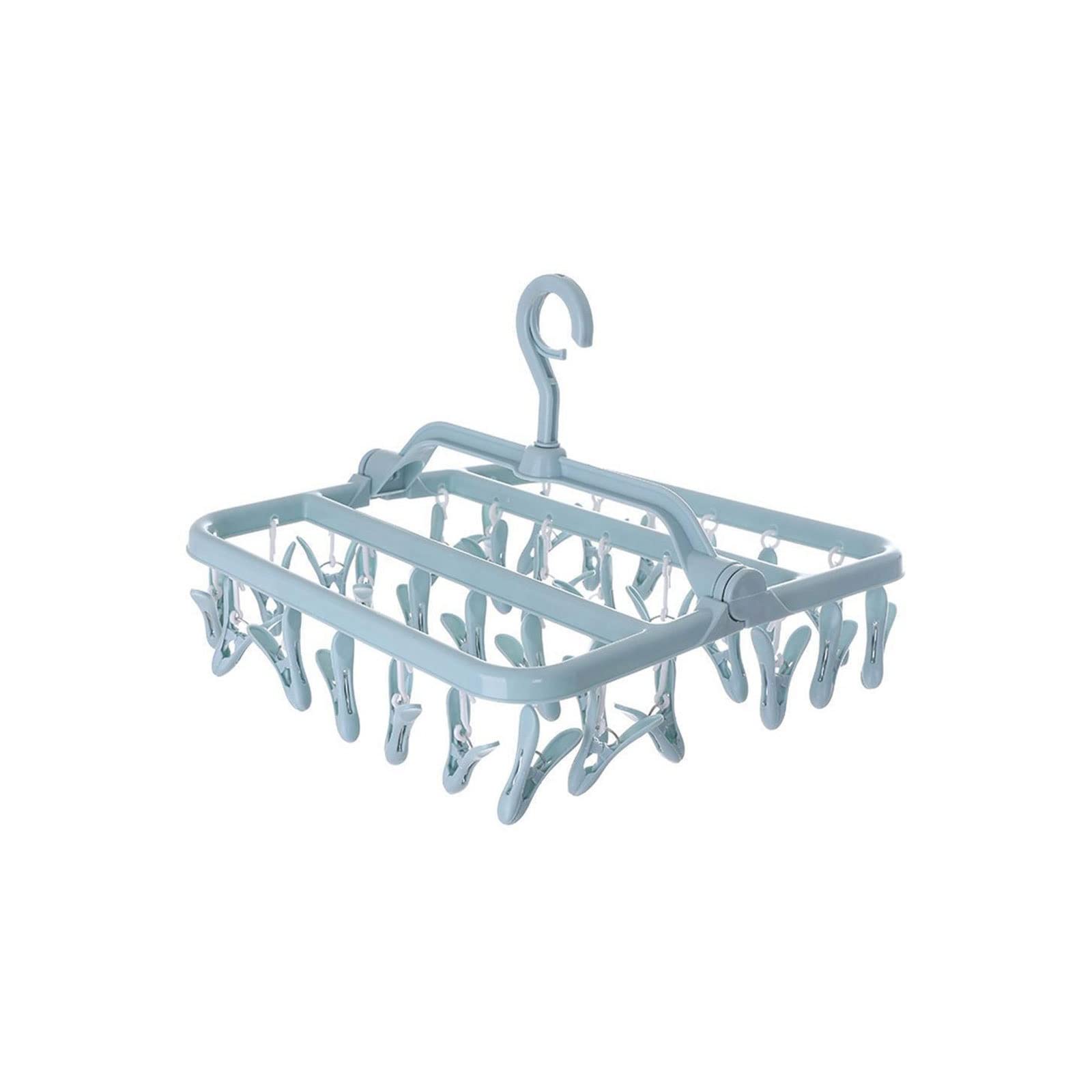 JINGYAN Standard Hangers Multifunctional 32 Clip Foldable Plastic Hanger Household Adult Clothes Drying Rack Underwear(Blue)