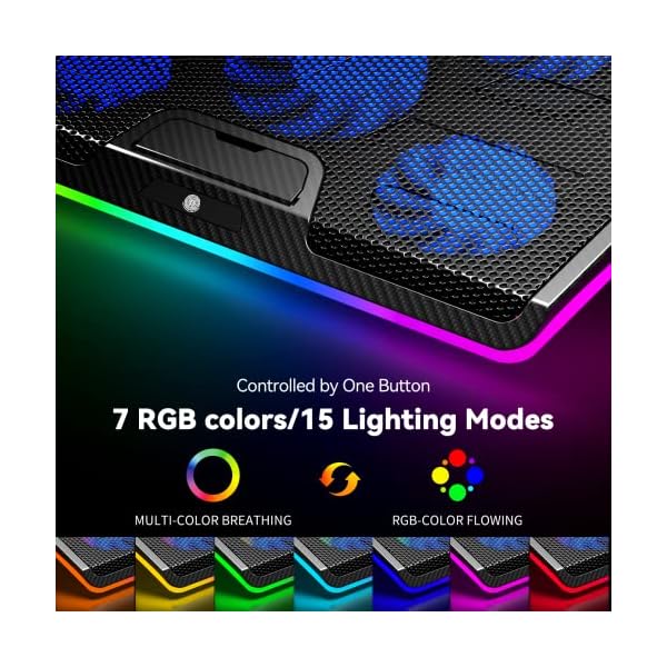 TECKNET Laptop Cooling Pad,RGB Laptop Cooler With 5 Quiet Fans,Gaming Laptop Cooling Stand with Touch Button and 2 USB Ports,3 Height Adjustable Laptop Fan fits 12"-19" Notebooks - Image 6