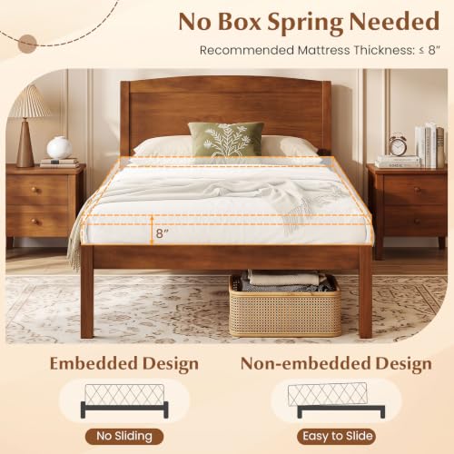 Image of GIANTEX Twin Size Wooden Bed Frame with Curved Headboard, Wood Slat Support