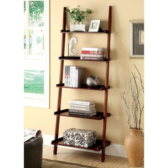 Ladder Shape 5 Tier Designer Book Case Wall Shelf Home Decoration for Living Room (Brown-New) Engineered Wood