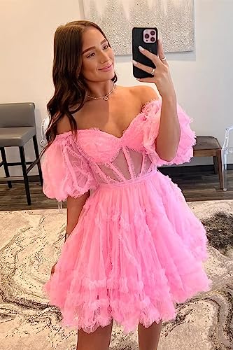 Tulle Homecoming Dresses 2024 Puffy Sleeves Layered Short Dresses Formal Cocktail Party Gowns2