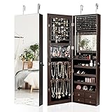 COSTWAY Schmuckschrank mit LED Beleuchtung, Schmuckregal mit Ganzkörperspiegel, Sipegelschrank mit 4 Schubladen, 4 Regale für Schmuck & Kosmetik, Schrank Tür- und Wandmontage (braun)