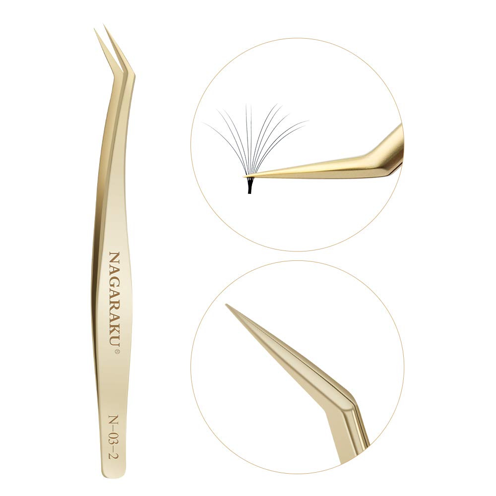 NAGARAKUTweezers for Eyelash Extensions Gold Long tip Curved Professional for Volume Cluster Easy Fanning lash Light stainless Steel Precision (N-03-2)