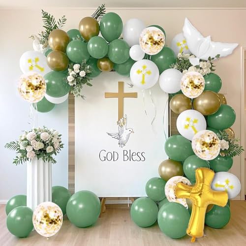 Image of 132Pcs God Bless Baptism Green Balloon Garland Arch Kit First Holy Communion Decoration Christian Party Decor Cross Dove Balloon Girl Mi Bautizo Christening Birthday Baby Shower Party Supplies