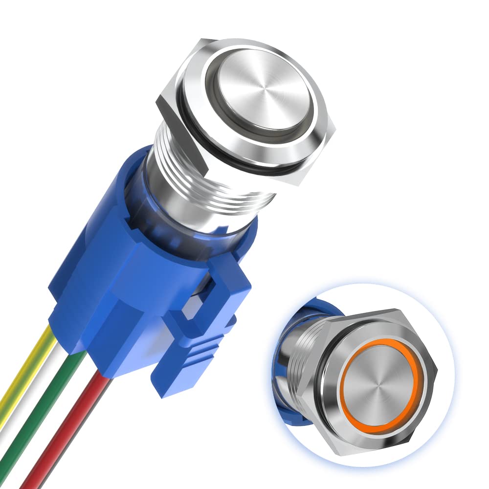 Photo 1 of WERKI 16mm Momentary Push Button Switch, 12V High-Cap 1NO1NC SPDT Off/ON IP67 Waterproof Stainless Steel Pushbutton Switch, for 16mm 5/8" Mounting Hole (Orange LED Ring) Stainless Steel Orange