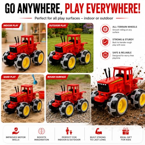 Image of Kids Tractor Toy with Monster Wheels | Friction Powered Farm Vehicle for for Toddlers Boys Girls | Safe ABS Plastic Construction | Educational Gift for Boys & Girls 3+ Years | Red