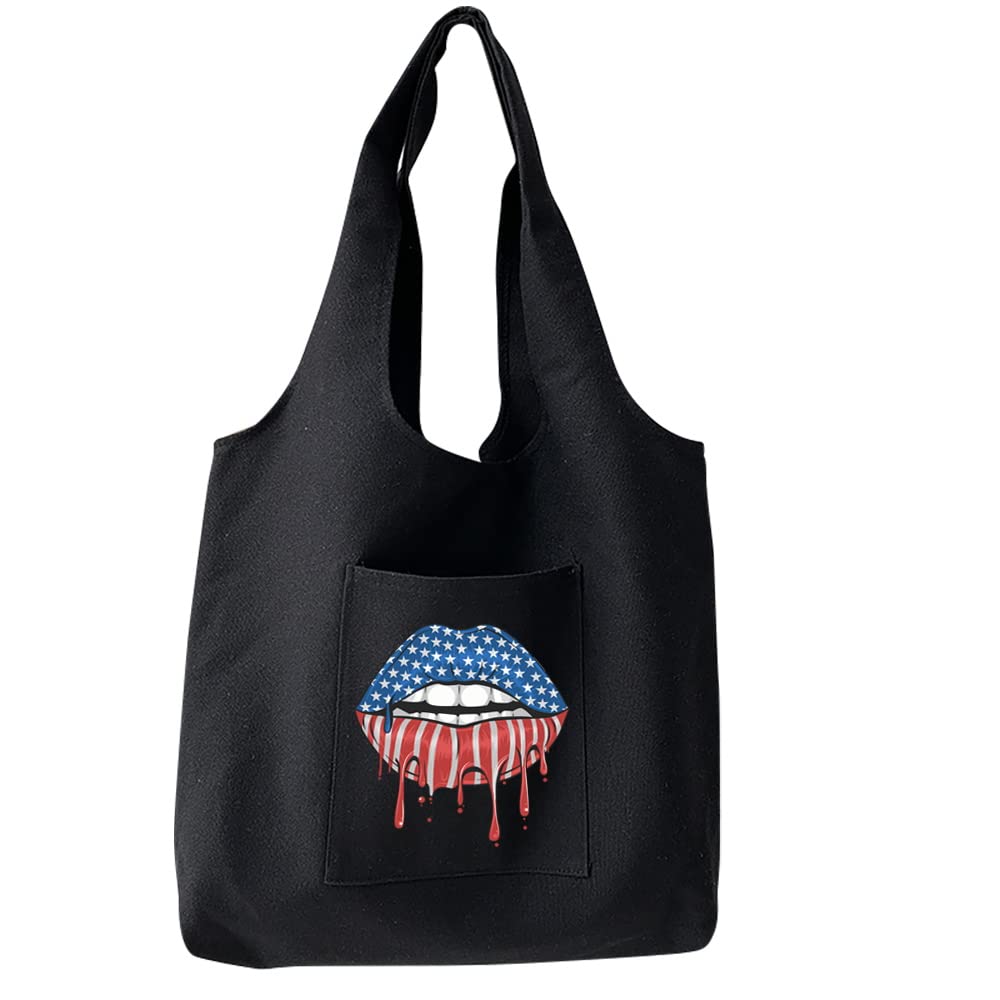 FINDING CASE Reusable Heavy Duty Shopping Medium Tote Bag 100% Cotton Canvas with Strong Matching Handles,Shopping Bags Large Capacity Canvas Tote Bags with Inner Pocket (Lip Flag US)