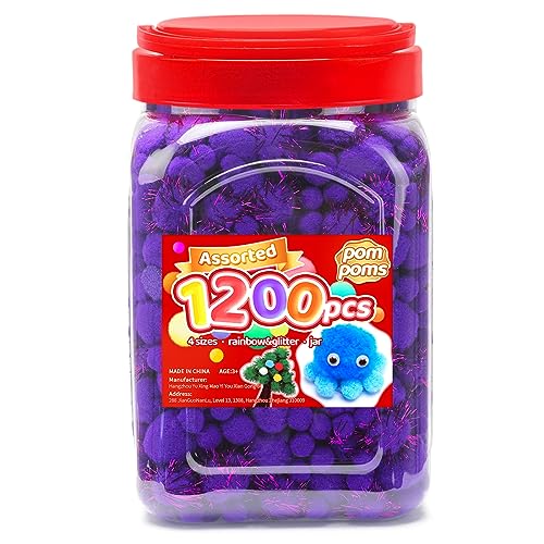 Image of Iooleem Purple Pom Poms, 1200pcs Assorted Size Pompoms,Pom Poms for Arts and Crafts, Pom Pom Balls with Wiggle Eyes in jar, Glitter Pom Poms, Craft Supplies.