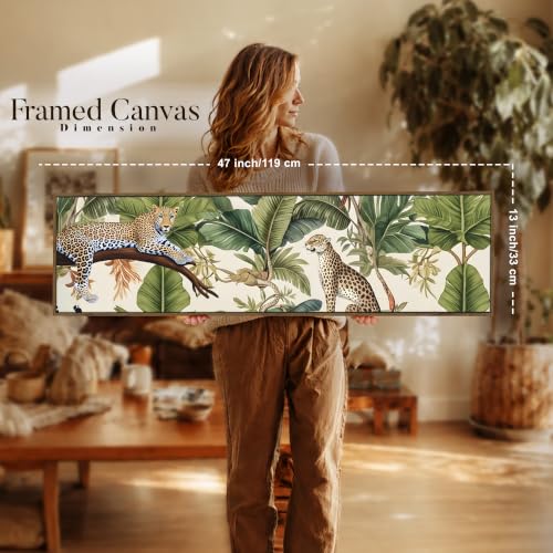 Image of Tropical Leopard Jungle Exotic Wildlife Canvas Framed Wall Art Painting For Living Room, Green Botanical Jungle Painting With Frame Tropical Leopard Wall Art For Home & Office, 13x47 Inch