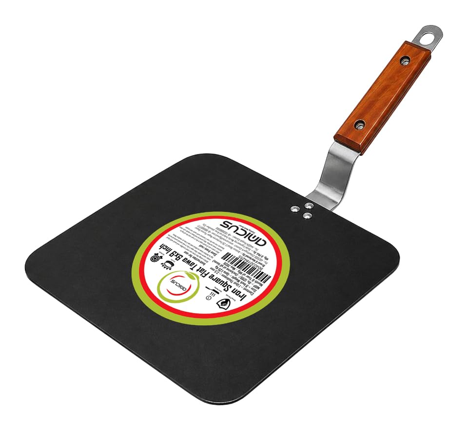 Image of amicus Pure Iron Tawa for Roti Dosa Chapati Omelette, Flat Square Iron Tava, Gas Stove Compatible, 9X9 Inch, 1.25 Kg, Black, 100% Smooth Food Grade, Multi-Purpose Tawa