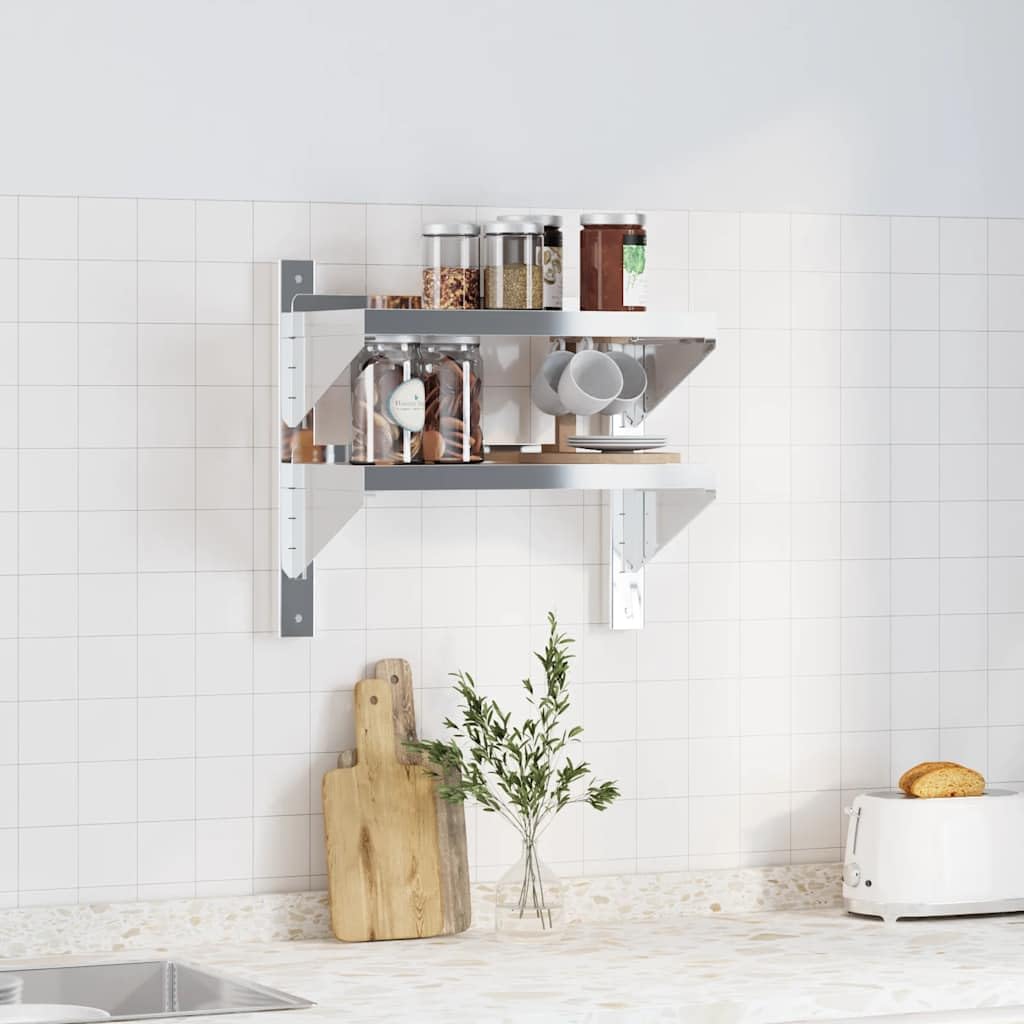 Estantería de pared de acero inoxidable con 2 estantes, 50 x 23,5 x 48 cm, estante de cocina, estante flotante de metal con superficie cepillada, para restaurante, cocina, garaje y lavandería