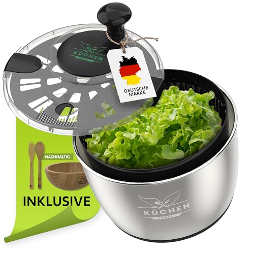 KüchenEngel Salatschleuder Edelstahl Salat waschen & trocknen 5L Volumen [inklusive Salatschüssel & Salatbesteck aus Bambus ] Schleuder mit Deckel