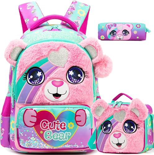 Meetbelify Mochilas escolares infantis para meninas e meninos com lancheira para estudantes do ensino fundamental, 01 urso, Moderno