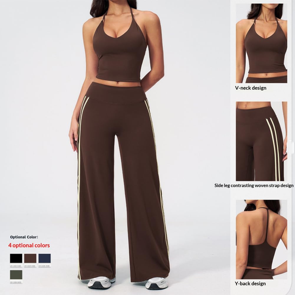 Ensemble yoga deux pièces soutien-gorge sport et legging pour gym course | Camisole sport col V à brides tour de cou, pantalon taille haute à jambes larges avec rayures latérales contrastées