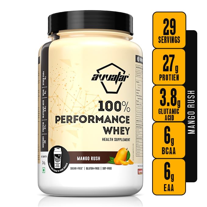 Image of avvatar PERFORMANCE WHEY PROTEIN | 1Kg | Mango Rush Flavour | 27g Protein | 29 servings