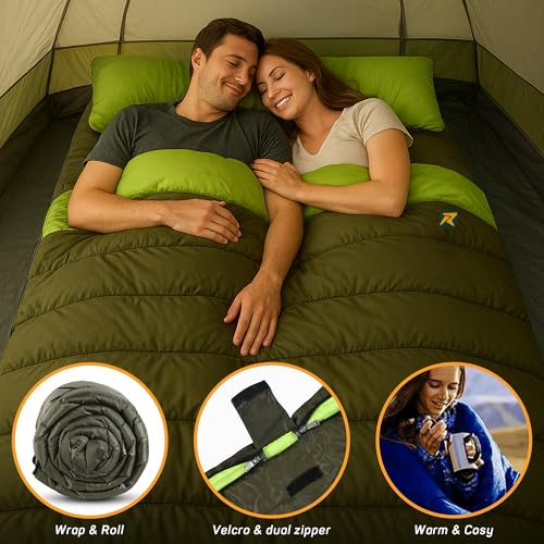 Image of Rocksport Double 2 Person Camplite Rectangular Sleeping Bag I +8 Degree C to +20 Degree C for Camping, Hiking, Indoor & Outdoor, Warm Sleep Bag l Free Adventure Pass (Yellow - Army Green)