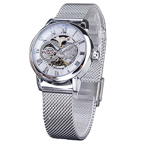 Forsining Damen-Armbanduhr, automatisch, mechanisch, luxuriös, Skelett, goldenes Zifferblatt, Edelstahl-Mesh-Armband, römische Ziffern, selbstaufziehend, silber, Armband
