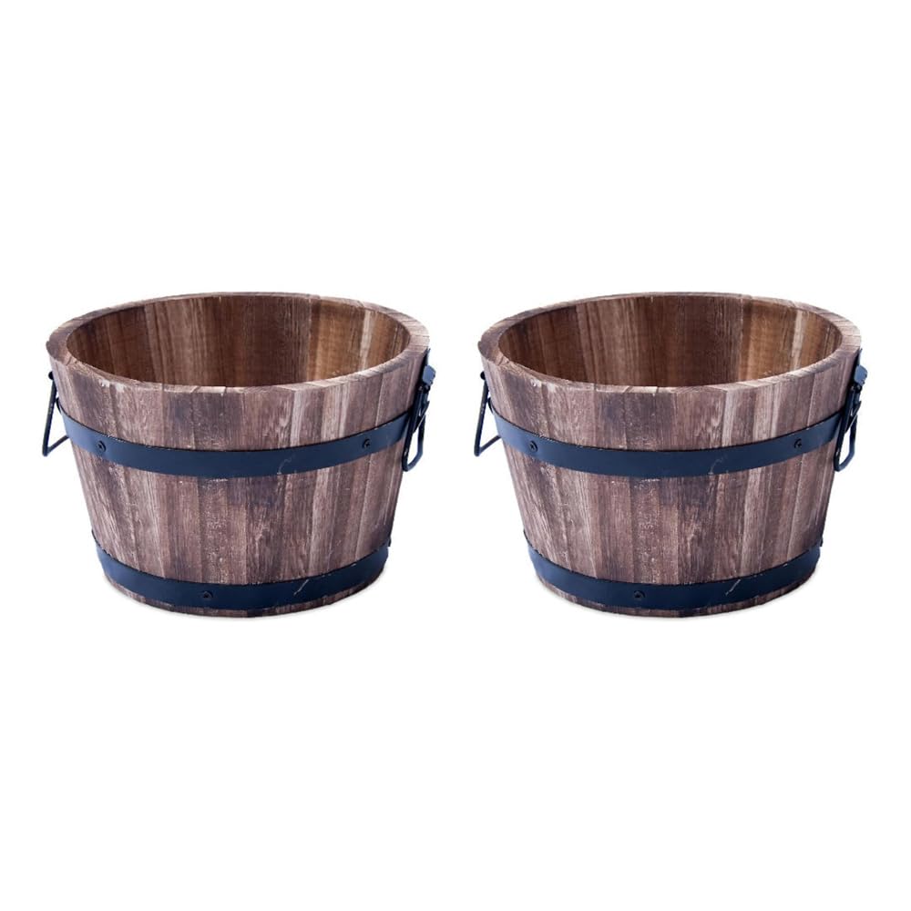 Shopior Pack Of 2 Rustic Round Burnt Wood Whiskey Barrel Planter – Outdoor Wooden Garden Plant Pot With Handles – Weatherproof Flower Tub With Drainage – Decorative Patio & Balcony Planter (30Cm 12Inch 2Pack)