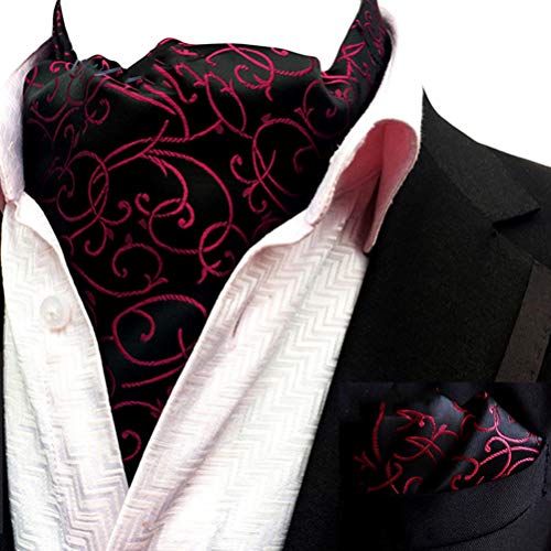 MOHSLEE Men Red Silk Floral Ascot Woven Formal Cravat Neckties Pocket Square Set