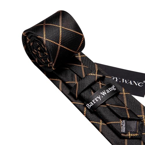 Image of Barry.Wang Plaid Ties Mens Silk Necktie and Tie Clip Checkered Tie for Wedding Party Business Formal