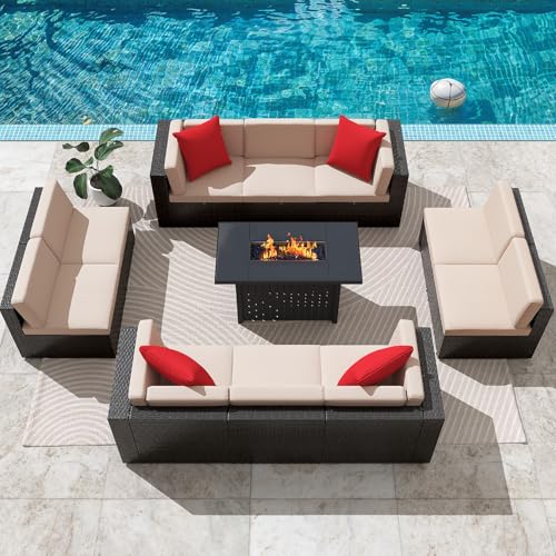 Image of Greesum Patio Furniture Sets 11-Pieces Outdoor PE Rattan Sectional Sofa w /43in Gas Fire Pit Table 55000 BTU Add Warmth to Gatherings Parties On Deck Garden Backyard,Beige