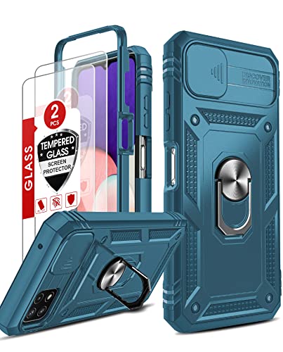 LeYi Funda para Samsung Galaxy A22 5G con [2-Unidades] Cristal Vidrio Templado, Carcasa Cubierta de cámara Deslizante Proteger 360 Full Protección Anillo Soporte Bumper Case,Azul