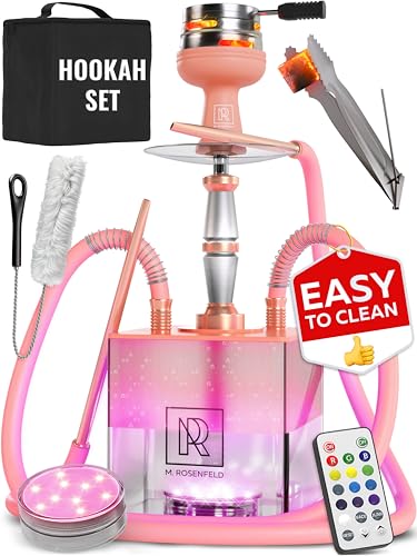 Rose Gold Hookah Set with Everything Hookah Set 2 Hose with LED Base Easy Setup and Large Cloud Performance Hookah Machine - Premium Shisha 2 Hose for Home & Parties