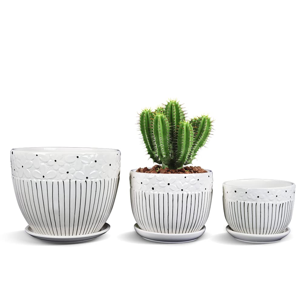 Garden Art Unique Set of 3 (16.7/14/11cm Dia) Modern Ceramic Garden Flower/Succulent/Cactus Planter Pot with Drainage Hole and Saucer for Home and Office Decor (GA18013-WL) (B0B8HRQCCJ) Amazon Price History, Amazon Price Tracker