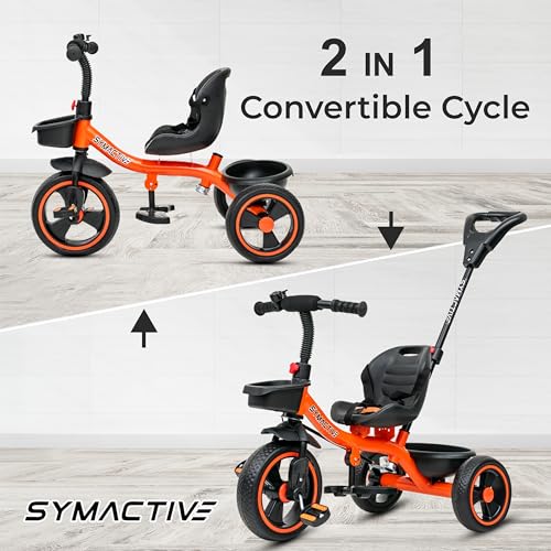 Image of Amazon Brand - Symactive Tricycle for Kids | Plug N Play | Baby Cycle with Parental Control, EVA Wheels, Bell, Seat, Belt & Basket | 2+ Years Unisex | Maximum User Weight Limit 25 Kgs | Orange