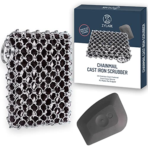 Image of Zylark 316L Cast Iron Scrubber + Scraper Tool - Pan Cleaner Scrubber with Silicone Insert - Cast Iron Cleaning Kit - Chainmail Scrubber for Cookware