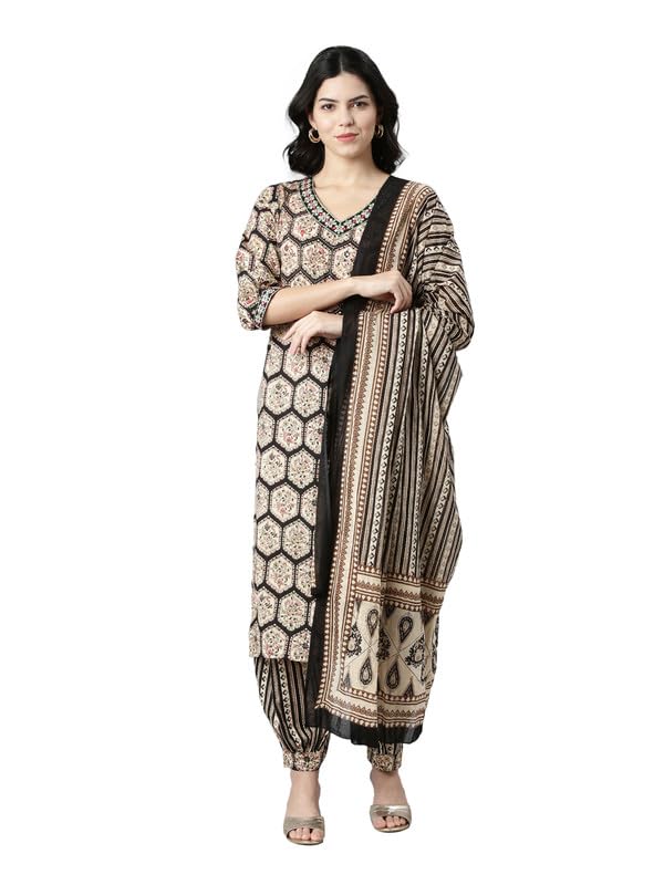 NEERU'S Womens Cotton Black Regular Straight Printed Kurta And Salwar With Dupatta