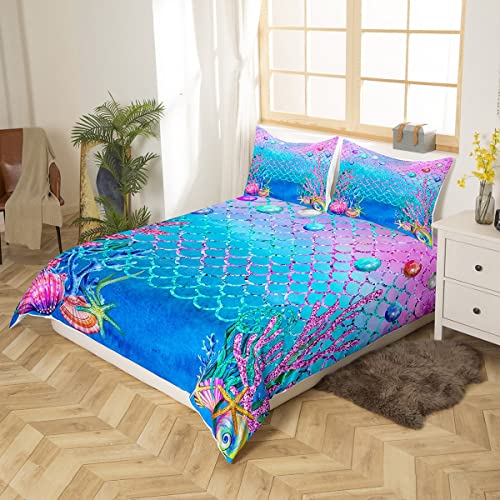 Kawaii Duvet Cover Queen Glitter Mermaid Scale Bedding Set For Kids Child Girls Purple Teal Underwater World Tropical Comforter Cover Seaweed Starfish Quilt Cover Nautical Sea Animal Room Decor #TOP1