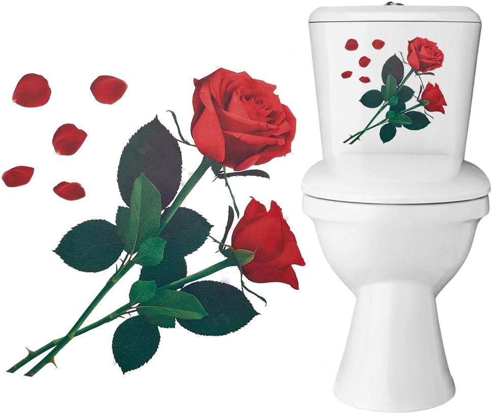 GORGECRAFT 4Pcs Red Rose Toilet Cover Sticker Decals Plants Toilet Stickers Flower Green Leaves Self-Adhesive Waterproof PVC Bathroom Bouquet Sticker for Valentine's Day Wall Toilet Lid Tank Seat