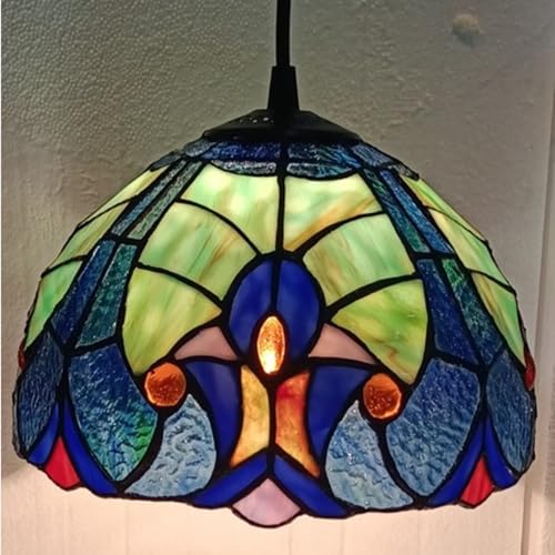Image of Stained Glass Hanging Pendant Lamp, Blue Green Mosaic Glass Shade with Black Cord, Decorative Ceiling Light for Home & Cafe (Free Bulb) (Design - 8)