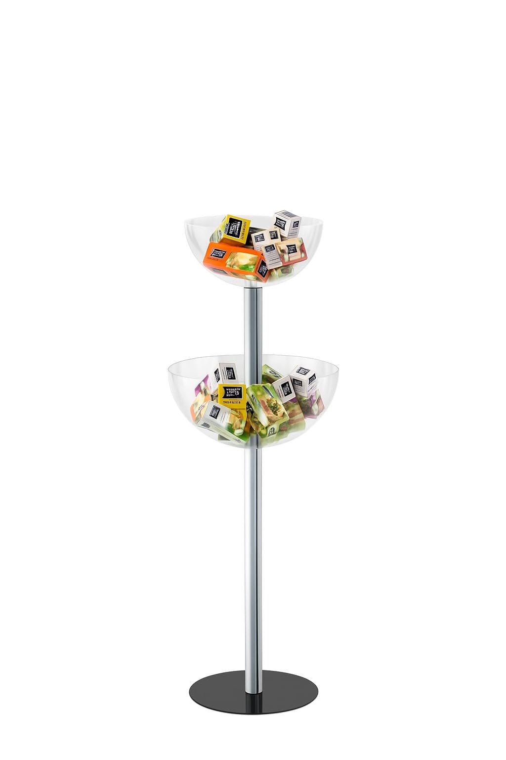 Espositore da Terra a 2 Livelli con Semisfere in Acrilico Trasparente Ø40/50 cm – Base in Ferro Verniciato – Supporto Cromato – Ideale per Negozi, Palestre, Stand, Farmacie