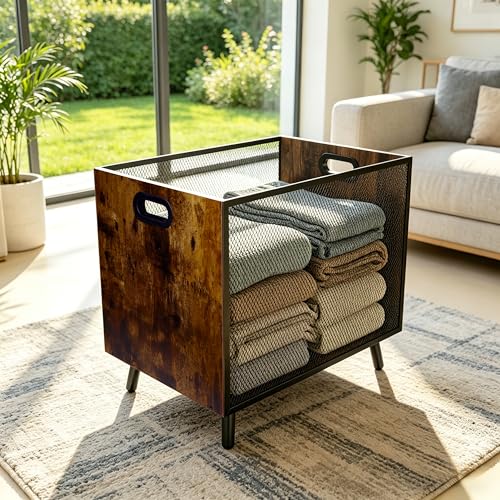 FANTERSI 66L Blanket Basket Laundry Basket Organizer With Rustic Industrial Design Blanket Storage Basket For Living Room Wood And Metal Mesh Construction