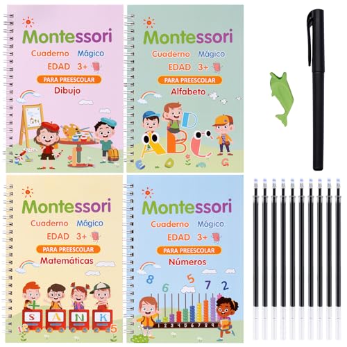 Larcenciel Cuadernos Reutilizables Caligrafia Español para Niños, 4 Libros Cuaderno Magico Caligrafia + 1 Bolígrafo + 10 Recambio, Magic Book para Aprender a Escribir Leer de Niños 3 4 5 Años, 13×19cm