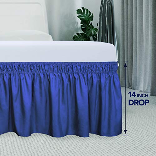 PureFit Wrap Around Ruffled Bed Skirt with Adjustable Elastic Belt - 14 Inch Drop Easy to Put On, Wrinkle Free Bedskirt Dust Ruffles, Bed Frame Cover for Queen, King and C-King Size Bed, Classic Blue