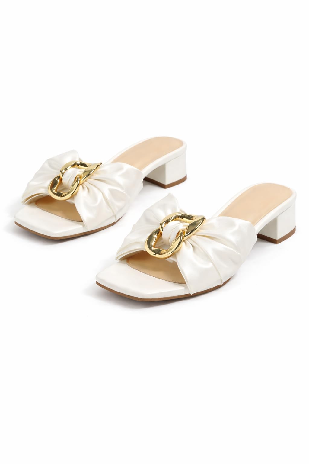 aviva style Luxury Women's White Satin Block Heel Sandals with Gold Chain Link Accent | Elegant Square Toe Slip-on Mules for Wedding, Party & Formal Events | Comfortable Low Chunky Heels-picture-12