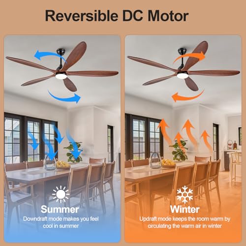 Image of 72 Inch Solid Wood Outdoor Ceiling Fans with Lights and Remote,Walnut 5 Blades,Dimmable,6 Speed Quiet DC Motor, Indoor Outdoor Ceiling Fan for Patios Bedroom Living Room