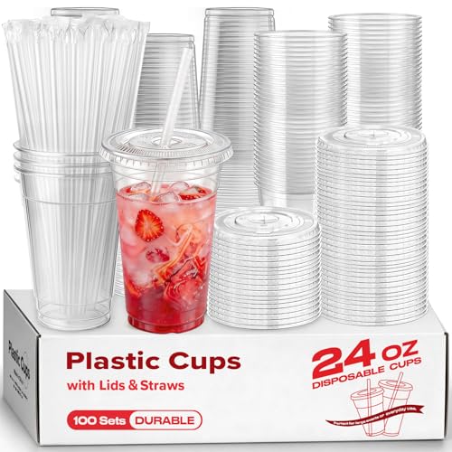 100 Pack 24 oz Plastic Cups with Lids and Straws Clear Disposable Plastic Cups Heavy Duty Iced Coffee Cups with Leak-Resistant Lids Cold Drink Cups for Smoothies Juice Soda & Party To Go