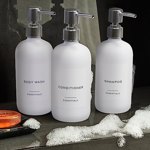 Image of Stylish Shampoo and Conditioner Dispenser Set of 3 - Modern 21oz Shower Soap Bottles with Pump and Labels - Easy to Refill Body Wash Dispensers for an Instant Bathroom Decor Upgrade - White
