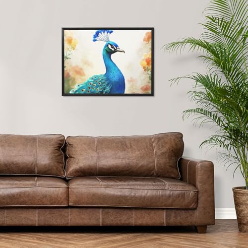 Tableau paon bleu encadré pour habiller un mur vide de salon